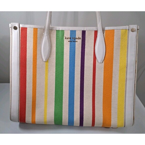 Kate Spade Rainbow Medium Market Tote Linen Canvas & Leather - Picture 1 of 16